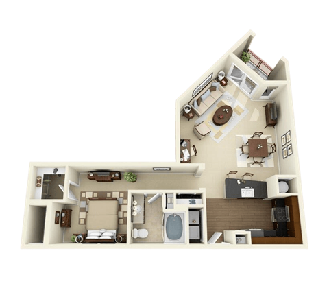 a bedroom apartment with a bathroom and a washer and dryer